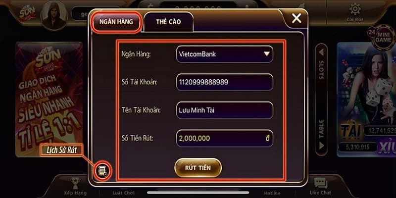 Giao diện rút tiền Sunwin qua banking